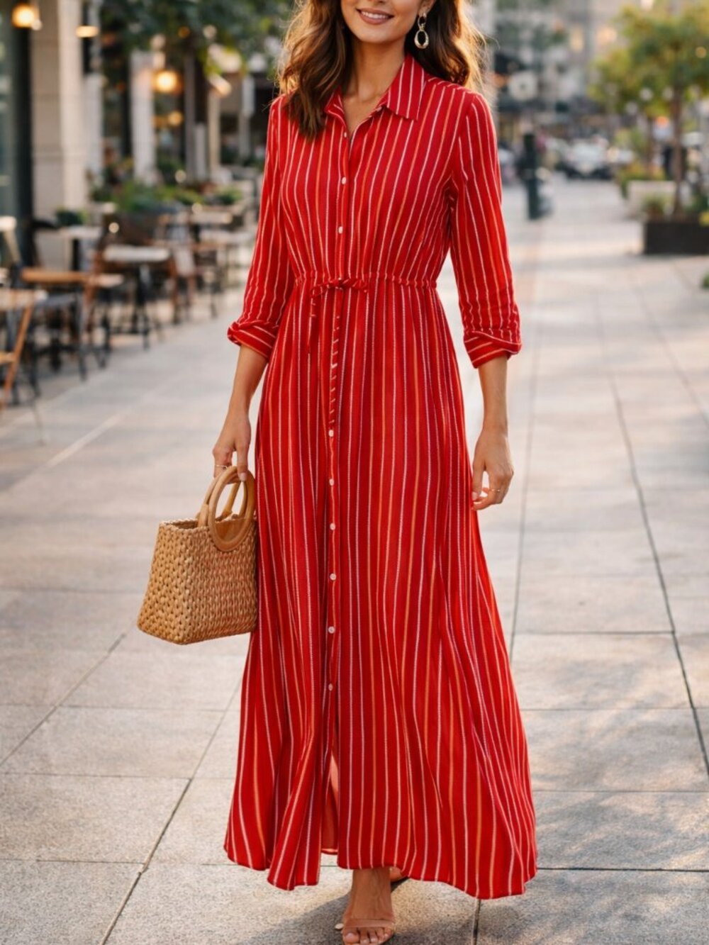 Tommy Hilfiger Red Striped Long Sleeve Maxi Dress